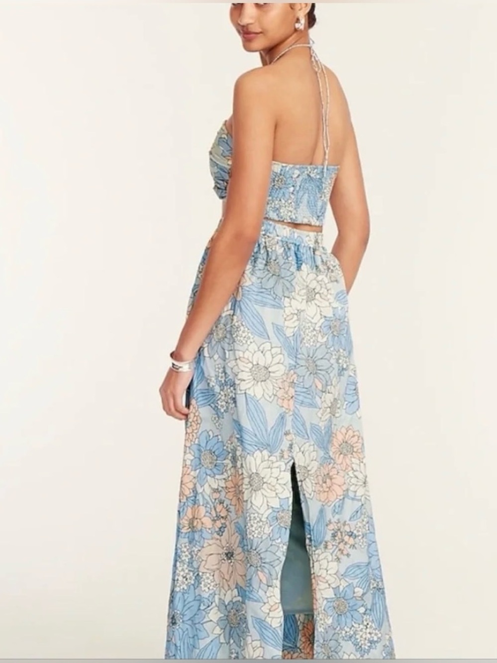 J.Crew Textured Satin Floral Blue Halter Bandeau Top Maxi Skirt Set Sz X-Small - Picture 2 of 6